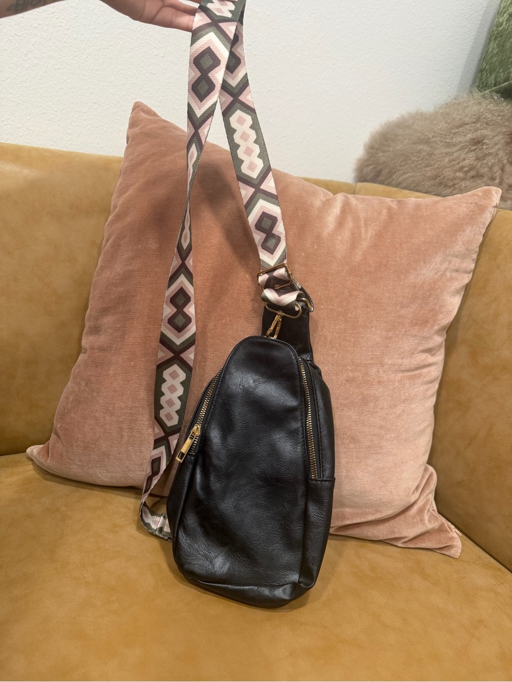 Black Leather Crossbody Sling Bag with Patterned Strap